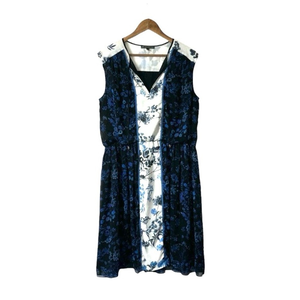 Adrianna Papell Dress Blue White Floral Sleeveless V-Neck Midi Large 4024830